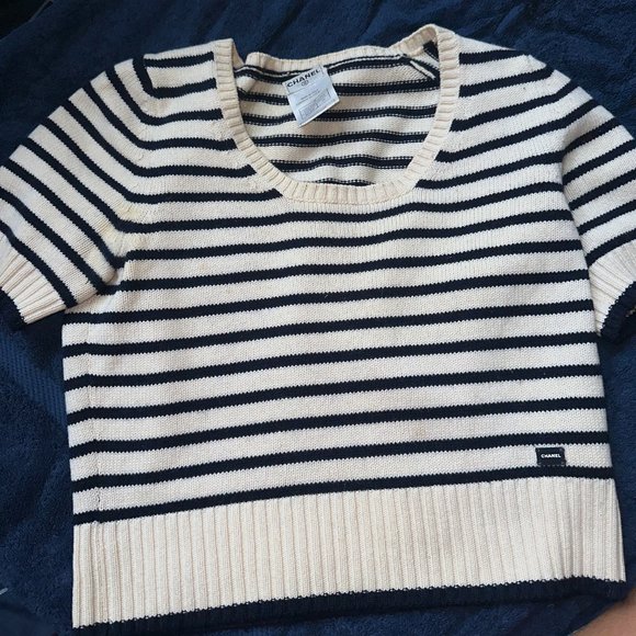 Vintage Chanel Cashmere Cropped Short Sleeve Striped Sweater Size 38 - Picture 1 of 3